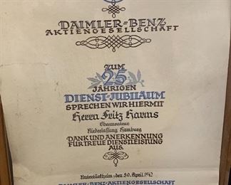 1942 Daimler-Benz 25 year appreciation certificate SIGNED	 