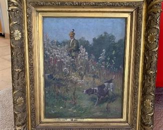 Antique Hunter w/ Hound Painting Signed Otto Vollrath	Frame:30x26in