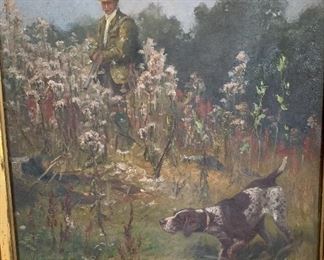 Antique Hunter w/ Hound Painting Signed Otto Vollrath	Frame:30x26in