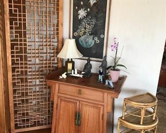 Rosewood Silver Cabinet & Rattan Stacking Tables