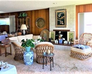 Vintage Rattan Swivel Chairs & Bucket Seats w/Ottoman