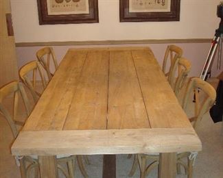 Dining Room: This like-new RESTORATION HARDWARE reclaimed oak wood table is now shown without anything on it. The table measures 8' long x 40" deep AND includes two 15" extensions as shown in an upcoming photo. The chairs are priced separately from the table.
