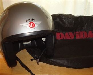 Living Room: Like-New! Open-Face silver DAVIDA Moto Helmet ("Classic Jet") with cloth cover. Size Medium-58. These helmets are hand-made in England.