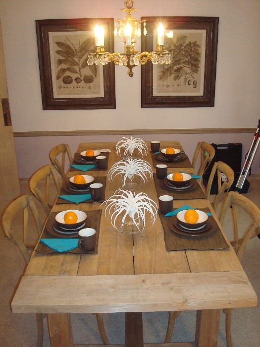 Dining Room: The RESTORATION HARDWARE reclaimed oak wood table is all set for a fun dinner and includes two table extensions (more photos follow). The NORITAKE COLORWAVE dishes in "Chocolate" include six dinner, six salad/dessert, six bowls and six coffee cups. The place mats and other accessories are separately priced.