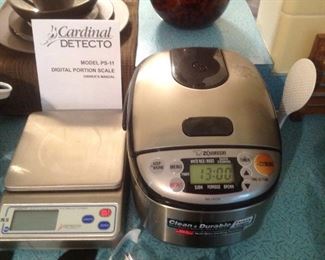Kitchen: This is a closer view of the Cardinal Detecto PS-11 digital portion scale and Zojirishi rice/porridge cooker.