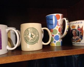 Baylor University mug, Queen Elizabeth II mug, and others