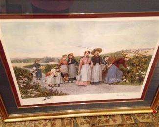 "Berry Pickers" framed and matted art by Jennie Augusta Brownscombe (December 10, 1850 – August 5, 1936), an American painter, designer, etcher, commercial artist and illustrator.