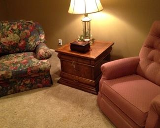 Two bedroom chairs; nightstand and brass lamp