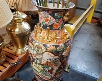 Asian multi colored painted tall vase with stand  