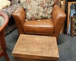 Brown vinyl club chair , Leather style storage box with removable lid (2) fabric pillows