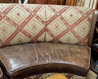 (2) Custom Walter E Smithe used distressed leather seat fabric back curved benches Original price $5000 new