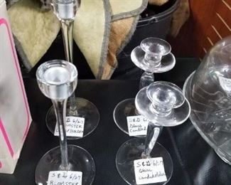 Assorted sets of glass candlestick holders 