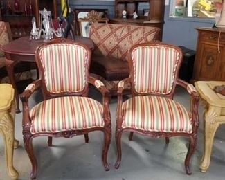 2 Gorgeous ornate carved solid wood striped fabric chairs