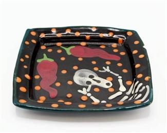 7" Square Day of The Dead Plate Stephen Kilborn SK Taos NM Collectible Studio Pottery Hand Painted