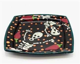 9" Square Day of The Dead Plate Stephen Kilborn SK Taos NM Collectible Studio Pottery Hand Painted