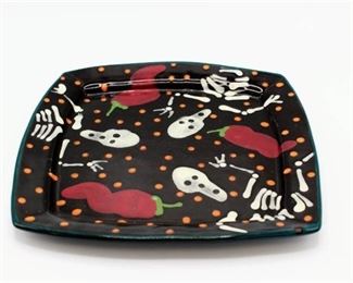 11" Square Day of The Dead Dinner Plate Stephen Kilborn SK Taos NM Collectible Studio Pottery Hand Painted
