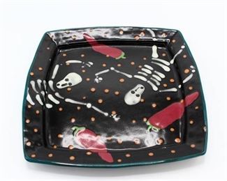 11" Square Day of The Dead Dinner Plate Stephen Kilborn SK Taos NM Collectible Studio Pottery Hand Painted