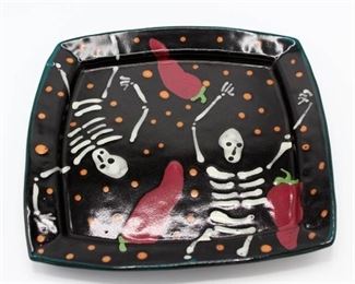 11" Square Day of The Dead Dinner Plate Stephen Kilborn SK Taos NM Collectible Studio Pottery Hand Painted