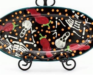 16" Oval Serving Platter Day of The Dead Stephen Kilborn SK Taos NM Collectible Studio Pottery Hand Painted