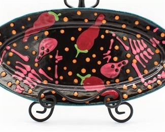 16" Oval Serving Platter Day of The Dead Stephen Kilborn SK Taos NM Collectible Studio Pottery Hand Painted