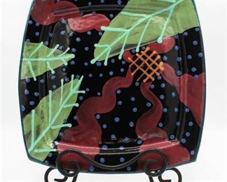 11" Square Flower Black Dinner Plate Stephen Kilborn SK Taos NM Collectible Studio Pottery Hand Painted