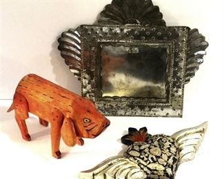 Mexican Folk Art Sacred Heart with Wings and Milagros, Wood Dog and Decorative Tin Frame