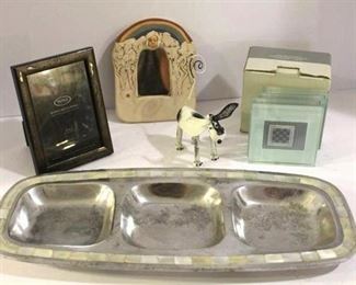 Crate and Barrel Photo Coasters, Vintage 70's Clay figure/rainbow frame, Silver Platter Server and more