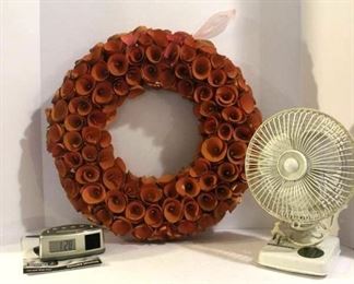 Flower Wreath, Portable Alarm clock and Small table Fan