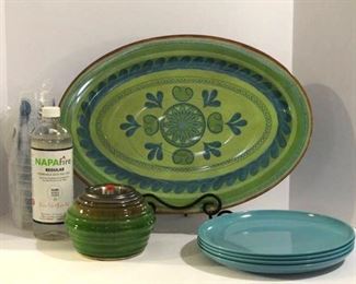 Outdoor Dining - Large Melamine green/blue design platter, Green Ceramic Table Top gel candle with oil/gel filler, 4 plastic dinner plates and 8 plastic cups w/lids