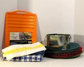 Grill Tray (new in pkg), Williams & Sonoma towel, Tin beer bucket w/bottle opener and more