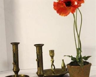 Unique Antique Brass Candle Sticks, 2 Matching Brass Adjustable Candle Stick Holders 8" Tall x 5.5" Diam&nbsp;1 Antique Brass Candle Stick Holder with Snuffer
