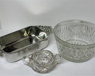 Large Cut Glass Bowl 9" X 5", Beautiful Metal Loaf Pan 14" X 6", Small Glass Dish 7"