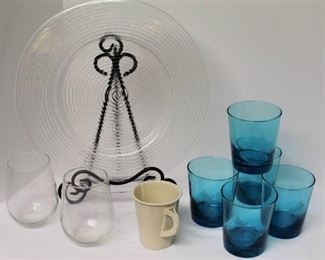 (5) Dragonfly Blue glasses, (2) Stemless Wine glasses, (1) 13" glass serving plate