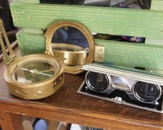 Brass compass and folding opera glasses