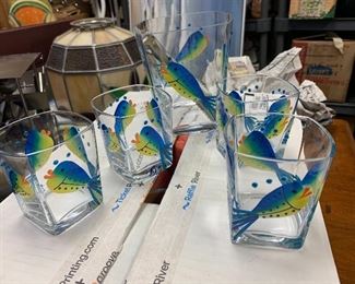 Artist painted glass set with matching Ice bucket