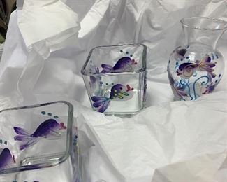 Artist painted candle and vase set