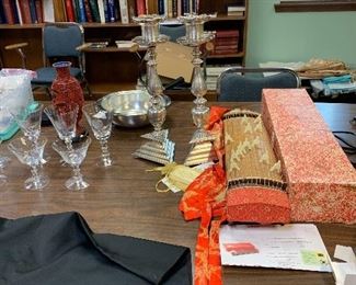 Authentic Japanese miniature harp with cover, original box lovely bought many years ago, Fostoria crystal 