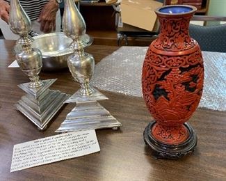 Silver candlesticks from United States Senate Oriental Japanese carved vase on stand.