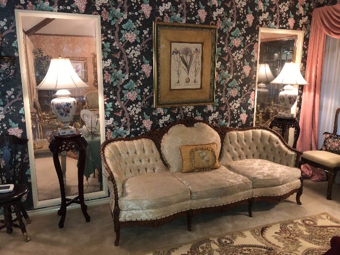Beautiful antique sofa & Asian fern stands. 