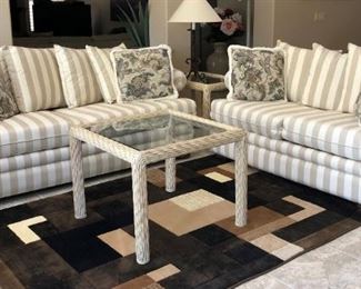 Like New Sofa and Loveseat, Rattan End Table Small and Large, (Matching Coffee Table in Family Room) Area Rug, Table Lamp 