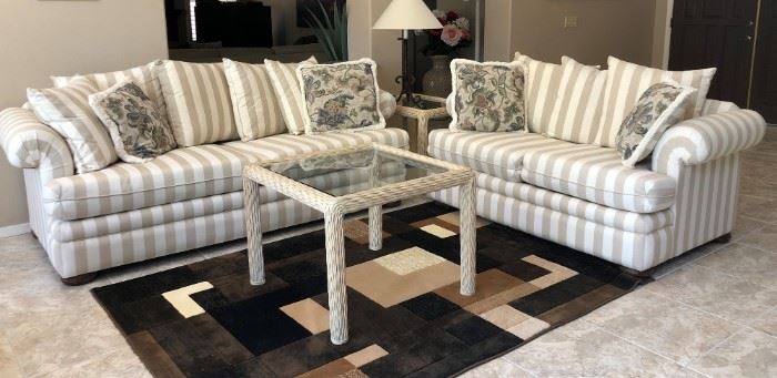 Like New Sofa and Loveseat, Rattan End Table Small and Large, (Matching Coffee Table in Family Room) Area Rug, Table Lamp