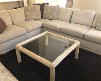 Sectional w Chaise, Rattan Coffee Table, Area Rug  