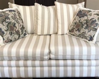 Like New Sofa and Loveseat, Rattan End Table Small and Large, (Matching Coffee Table in Family Room) Area Rug, Table Lamp 