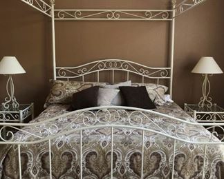 King Size Canopy Bed, Pair Nightstands, Pair Table Lamps, King Bedding