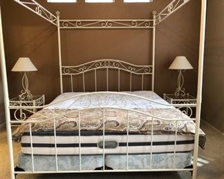 King Size Canopy Bed, Pair Nightstands, Pair Table Lamps, King Bedding