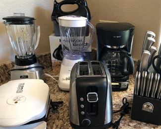 Assorted Small Appliances: George Foreman, Oster Blender, Hamilton Beach Hand Mixer, Hamilton Toaster, Hamilton Blender, Mr. Coffee