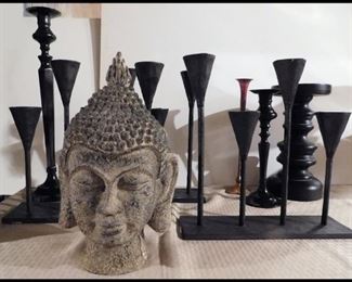 Bodhisattva Head and  Cast Iron Candle Holders.