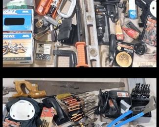 Tools and supplies! Includes Clamps, Nails, Screws, Staple Tool, Level, Pliers, Knee Pads, Wrenches and more. 