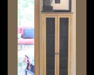  Narrow Wine Cabinet,  Print of Bottle of Wine and Small Lamp. Cabinet is approximately 18.5 "x  9.25" x 60".
