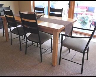 Maple Dining Table with Six Chairs of Metal and Fabric. Originally purchased at Room and Board. 
